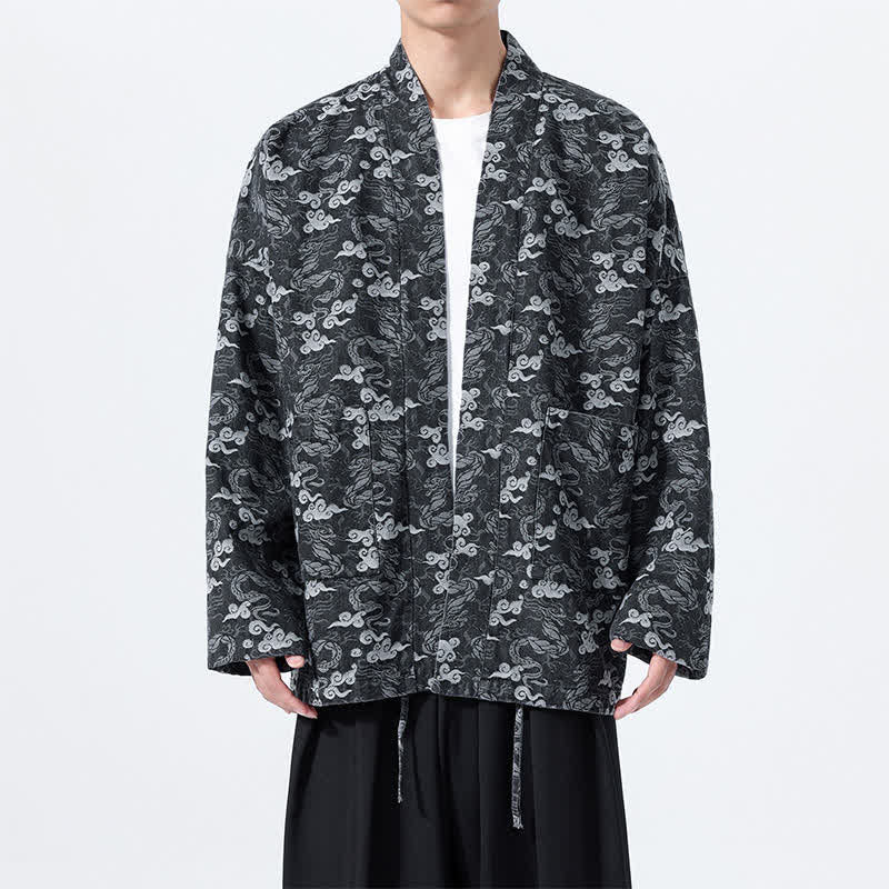 Buddha Stones Kimono da uomo in cotone con coulisse, ideale per primavera/autunno, stile casual, con motivo astratto a nuvole. - Nero - US/UK/AU46, EU56 (3XL) - image 9