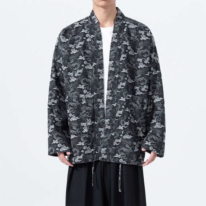 Buddha Stones Kimono da uomo in cotone con coulisse, ideale per primavera/autunno, stile casual, con motivo astratto a nuvole. - Nero - US/UK/AU46, EU56 (3XL) - image 9
