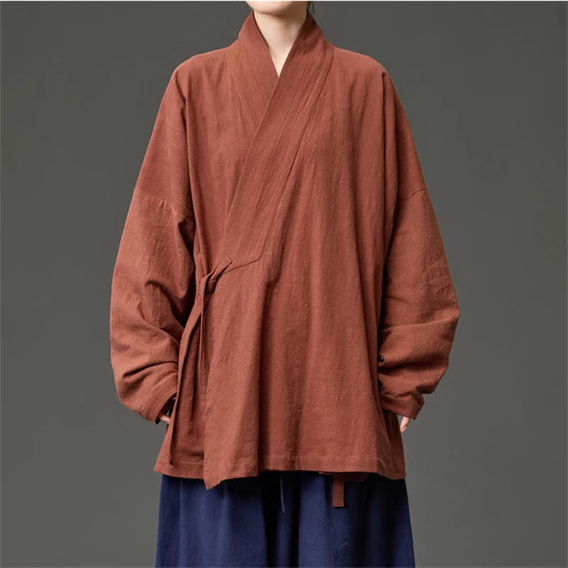 Buddha Stones Kimono da uomo in cotone tinta unita, stile Tang, minimalista, con coulisse e tasche, per autunno/inverno. - Siena - US/UK/AU46, EU56 (5XL) - image 0