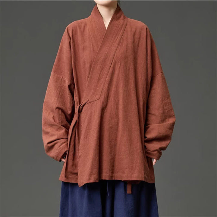Buddha Stones Kimono da uomo in cotone tinta unita, stile Tang, minimalista, con coulisse e tasche, per autunno/inverno. - Siena - US/UK/AU46, EU56 (5XL) - image 0