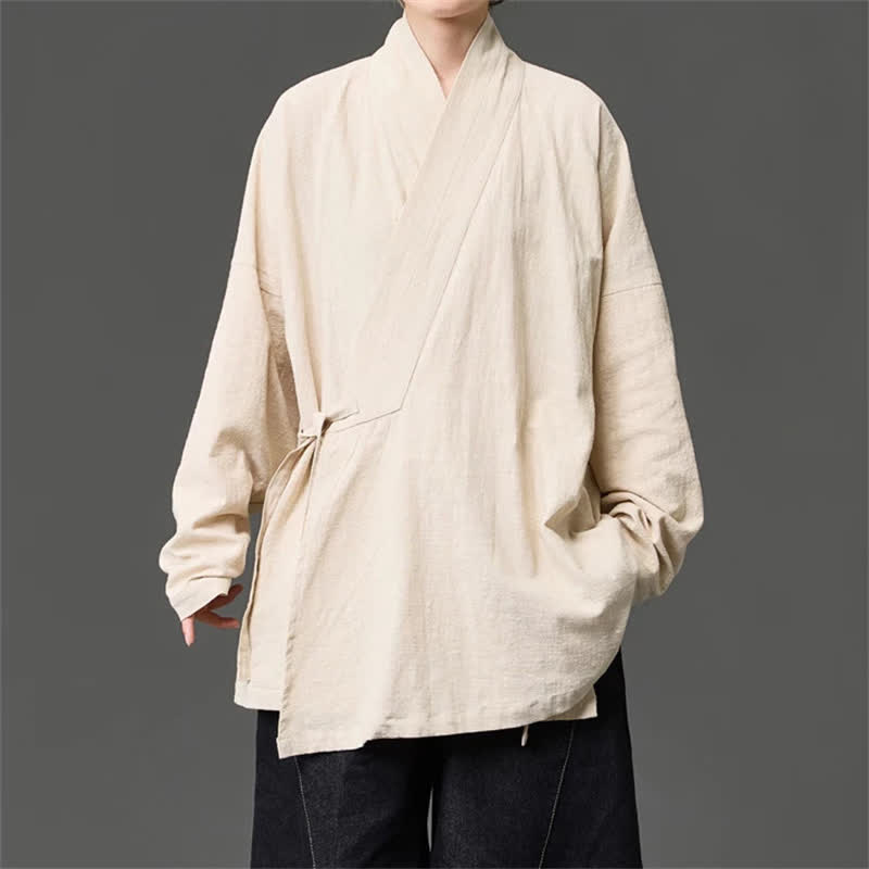Buddha Stones Kimono da uomo in cotone tinta unita, stile Tang, minimalista, con coulisse e tasche, per autunno/inverno. - Beige - US/UK/AU46, EU56 (5XL) - image 14
