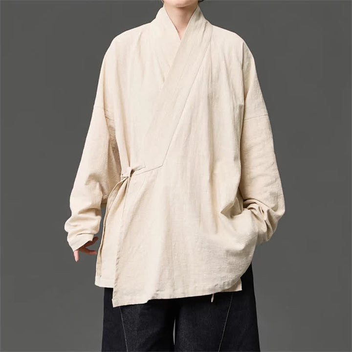 Buddha Stones Kimono da uomo in cotone tinta unita, stile Tang, minimalista, con coulisse e tasche, per autunno/inverno. - Beige - US/UK/AU46, EU56 (5XL) - image 14