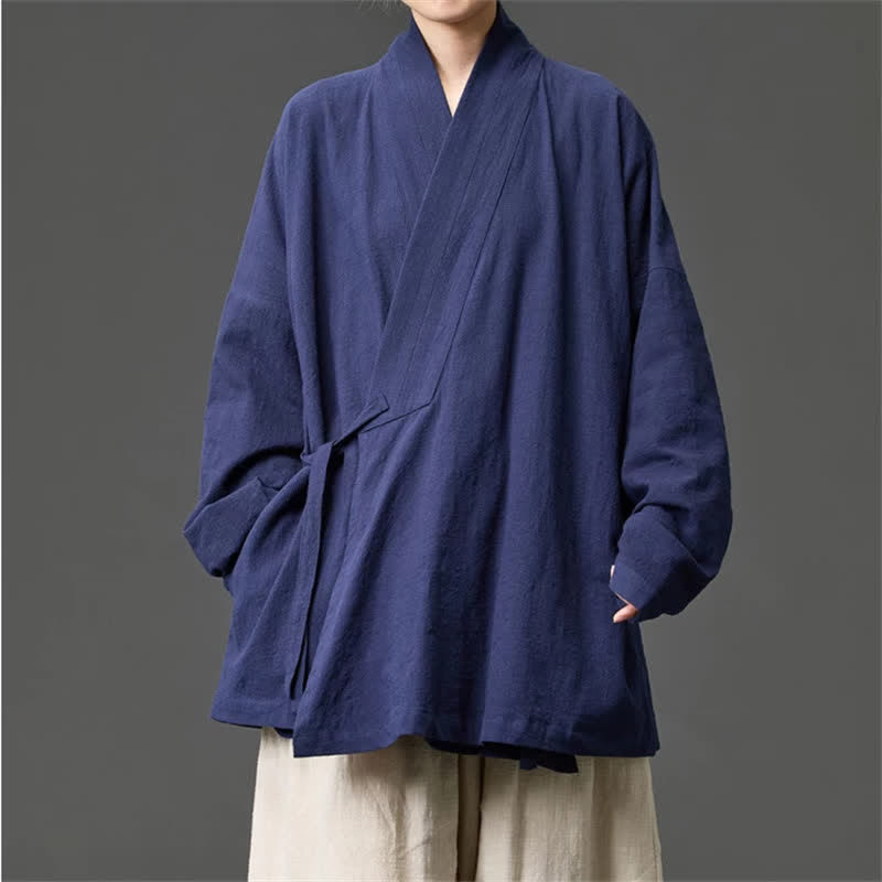 Buddha Stones Kimono da uomo in cotone tinta unita, stile Tang, minimalista, con coulisse e tasche, per autunno/inverno. - Marina - US/UK/AU46, EU56 (5XL) - image 6