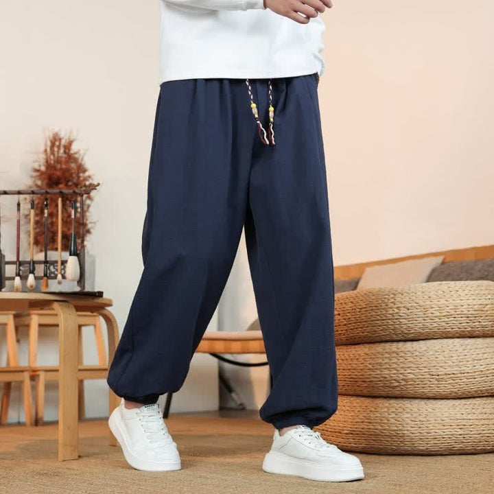 Buddha Stones Pantaloni da uomo a gamba dritta, minimalisti, con coulisse, in cotone tinta unita, ideali per l'autunno. - image 33