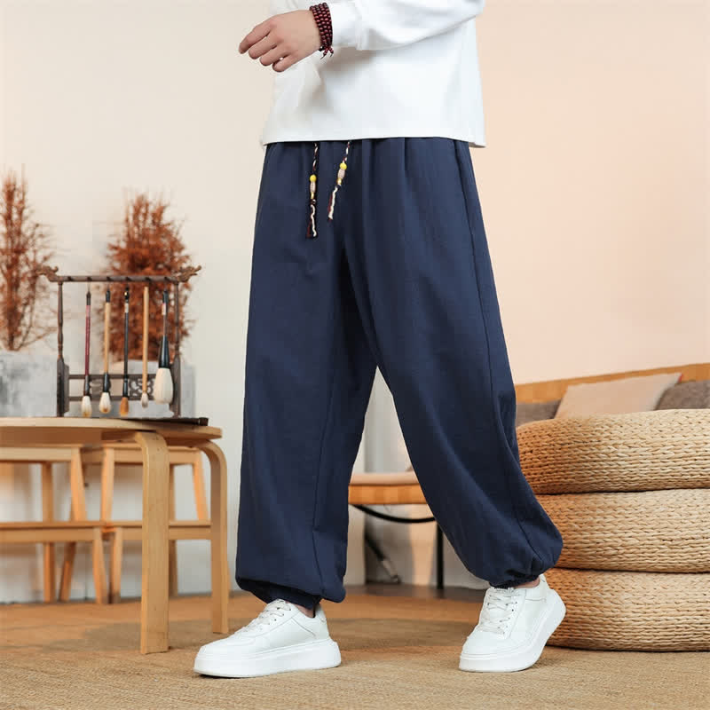 Buddha Stones Pantaloni da uomo a gamba dritta, minimalisti, con coulisse, in cotone tinta unita, ideali per l'autunno. - image 30