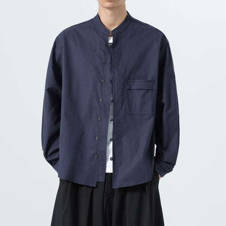 Buddha Stones Camicia da uomo a maniche lunghe in cotone tinta unita, stile Tang, con colletto alla coreana, ideale per l'autunno. - image 6