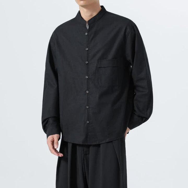 Buddha Stones Camicia da uomo a maniche lunghe in cotone tinta unita, stile Tang, con colletto alla coreana, ideale per l'autunno. - image 16
