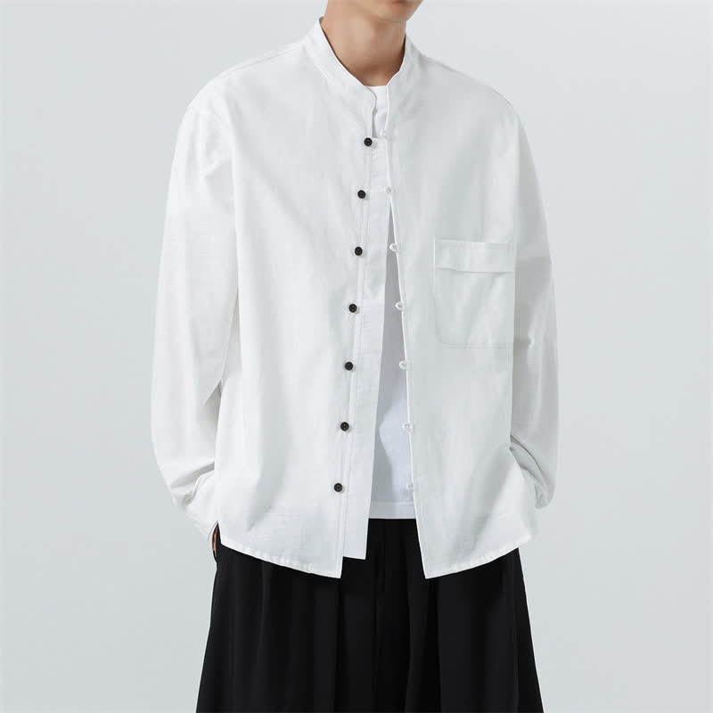 Buddha Stones Camicia da uomo a maniche lunghe in cotone tinta unita, stile Tang, con colletto alla coreana, ideale per l'autunno. - image 34