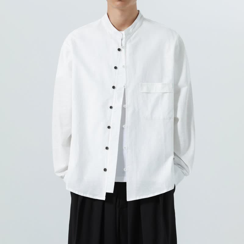 Buddha Stones Camicia da uomo a maniche lunghe in cotone tinta unita, stile Tang, con colletto alla coreana, ideale per l'autunno. - image 35