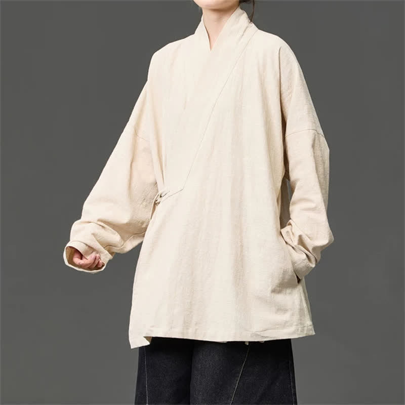 Buddha Stones Kimono da uomo in cotone tinta unita, stile Tang, minimalista, con coulisse e tasche, per autunno/inverno. - image 17