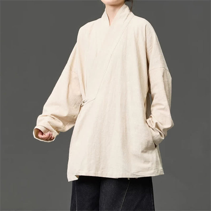Buddha Stones Kimono da uomo in cotone tinta unita, stile Tang, minimalista, con coulisse e tasche, per autunno/inverno. - image 17