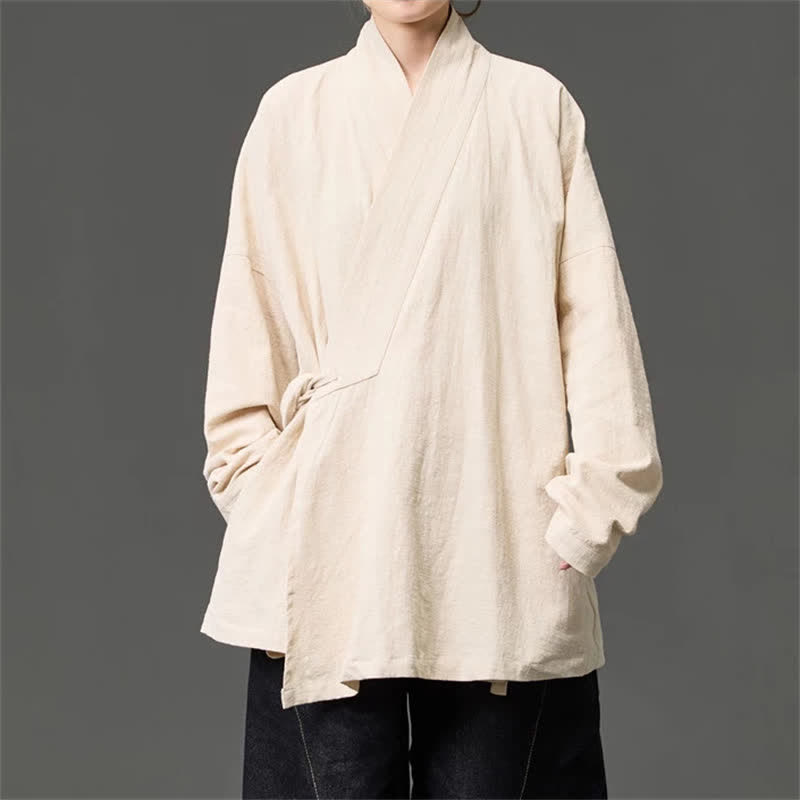 Buddha Stones Kimono da uomo in cotone tinta unita, stile Tang, minimalista, con coulisse e tasche, per autunno/inverno. - image 18