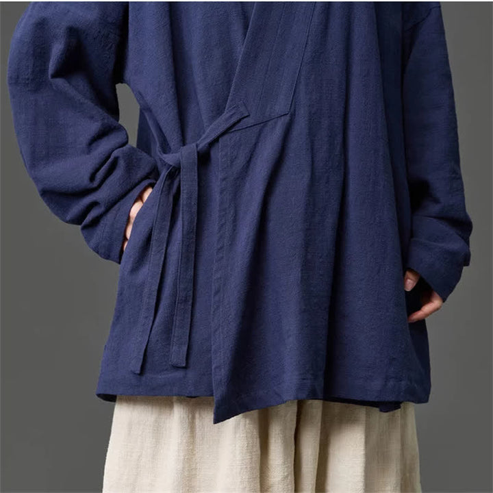 Buddha Stones Kimono da uomo in cotone tinta unita, stile Tang, minimalista, con coulisse e tasche, per autunno/inverno. - image 11