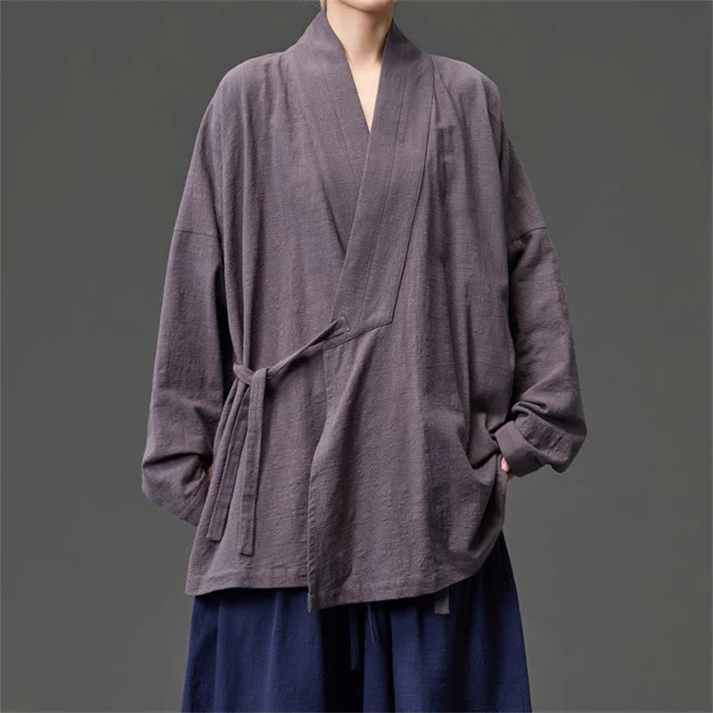 Buddha Stones Kimono da uomo in cotone tinta unita, stile Tang, minimalista, con coulisse e tasche, per autunno/inverno. - image 24