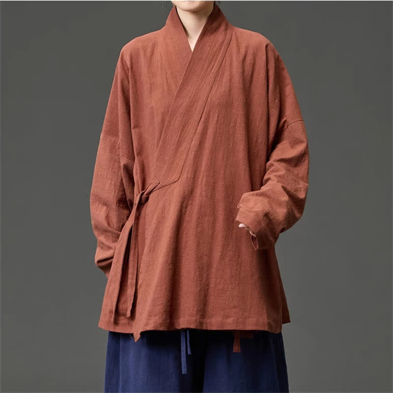 Buddha Stones Kimono da uomo in cotone tinta unita, stile Tang, minimalista, con coulisse e tasche, per autunno/inverno. - image 1
