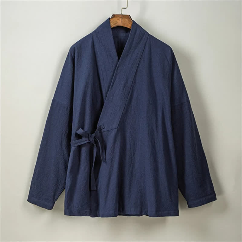 Buddha Stones Kimono da uomo in cotone tinta unita, stile Tang, minimalista, con coulisse e tasche, per autunno/inverno. - image 12