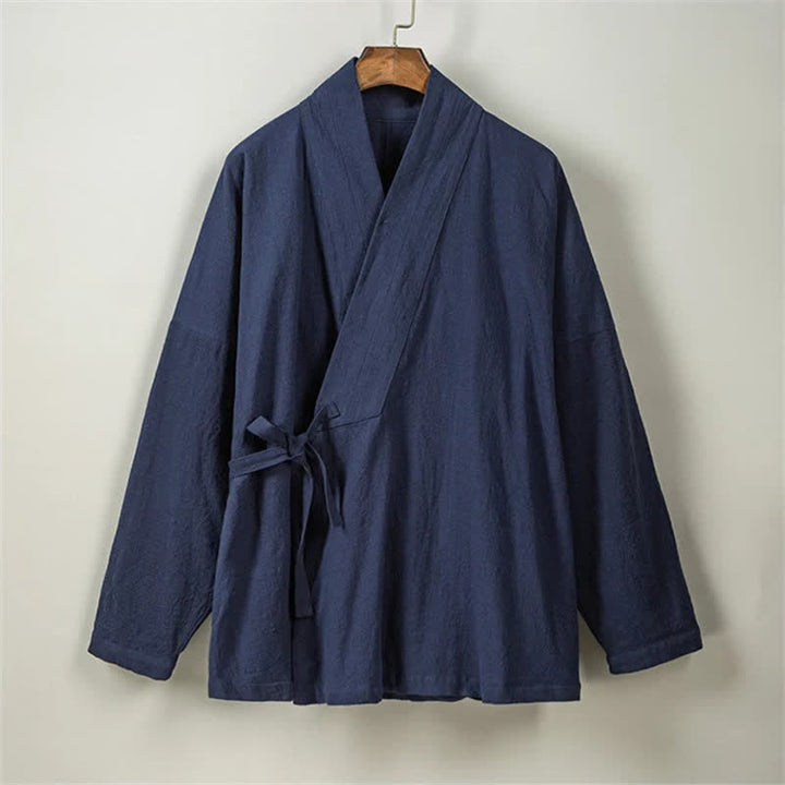 Buddha Stones Kimono da uomo in cotone tinta unita, stile Tang, minimalista, con coulisse e tasche, per autunno/inverno. - image 12