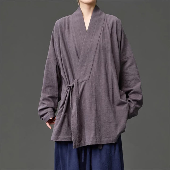 Buddha Stones Kimono da uomo in cotone tinta unita, stile Tang, minimalista, con coulisse e tasche, per autunno/inverno. - image 22