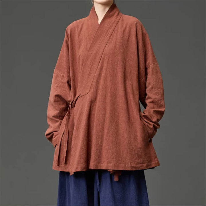 Buddha Stones Kimono da uomo in cotone tinta unita, stile Tang, minimalista, con coulisse e tasche, per autunno/inverno. - image 2