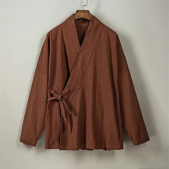Buddha Stones Kimono da uomo in cotone tinta unita, stile Tang, minimalista, con coulisse e tasche, per autunno/inverno. - image 4