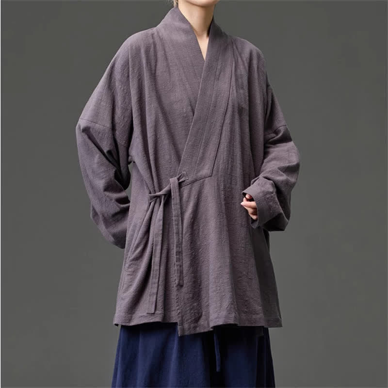 Buddha Stones Kimono da uomo in cotone tinta unita, stile Tang, minimalista, con coulisse e tasche, per autunno/inverno. - image 23