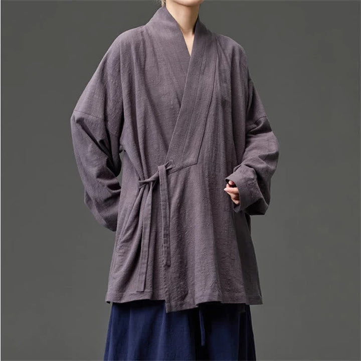 Buddha Stones Kimono da uomo in cotone tinta unita, stile Tang, minimalista, con coulisse e tasche, per autunno/inverno. - image 23