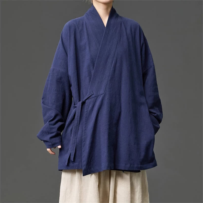 Buddha Stones Kimono da uomo in cotone tinta unita, stile Tang, minimalista, con coulisse e tasche, per autunno/inverno. - image 7