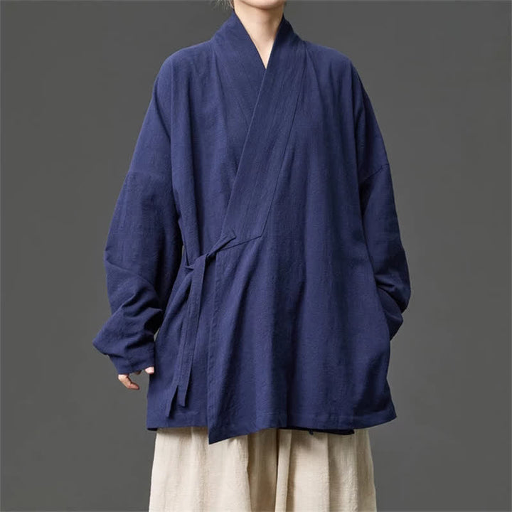 Buddha Stones Kimono da uomo in cotone tinta unita, stile Tang, minimalista, con coulisse e tasche, per autunno/inverno. - image 7