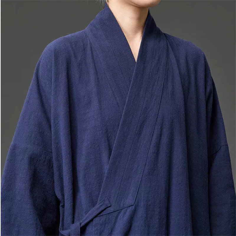Buddha Stones Kimono da uomo in cotone tinta unita, stile Tang, minimalista, con coulisse e tasche, per autunno/inverno. - image 9