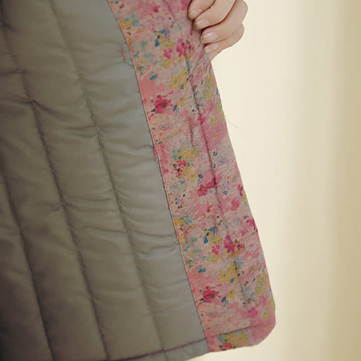 Buddha Stones Giacca invernale da donna stile Tang vintage con bottoni a rana, stampa floreale rosa e tasche. - image 15