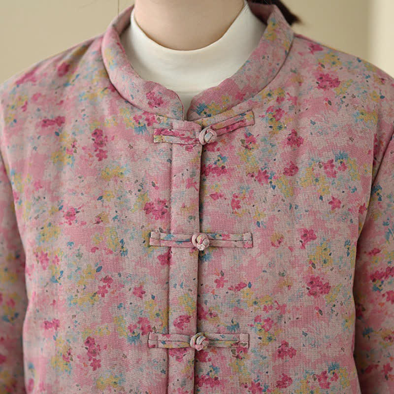 Buddha Stones Giacca invernale da donna stile Tang vintage con bottoni a rana, stampa floreale rosa e tasche. - image 12