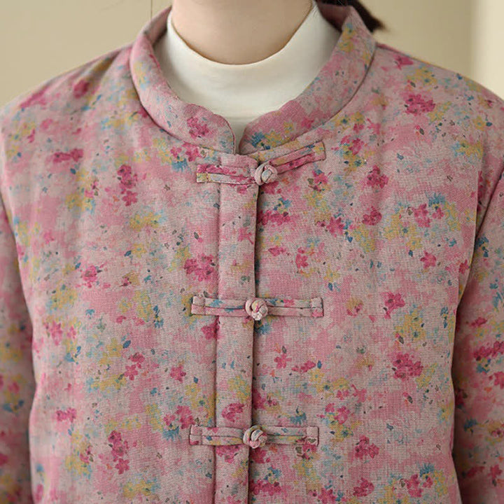 Buddha Stones Giacca invernale da donna stile Tang vintage con bottoni a rana, stampa floreale rosa e tasche. - image 12