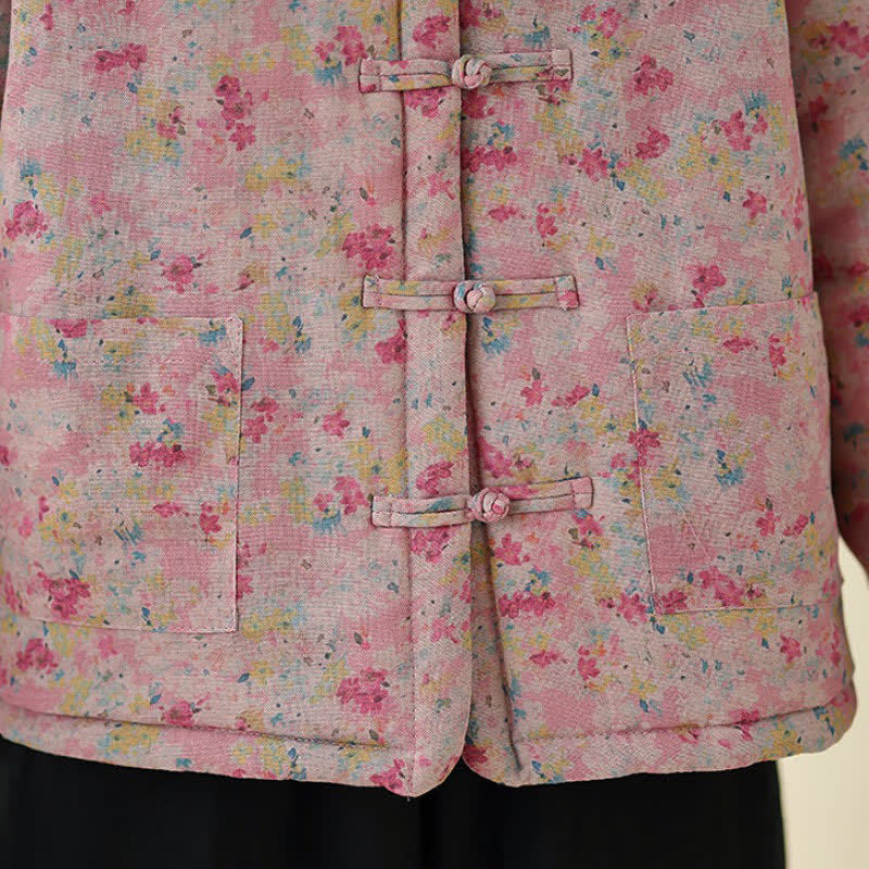 Buddha Stones Giacca invernale da donna stile Tang vintage con bottoni a rana, stampa floreale rosa e tasche. - image 13