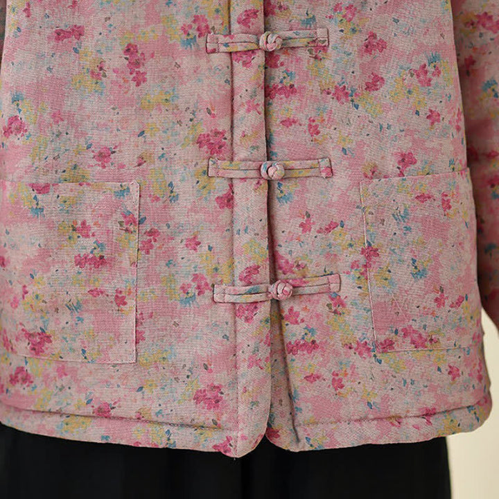 Buddha Stones Giacca invernale da donna stile Tang vintage con bottoni a rana, stampa floreale rosa e tasche. - image 13