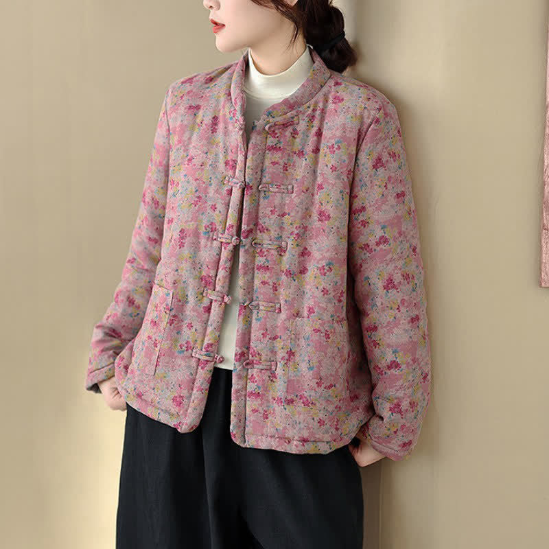 Buddha Stones Giacca invernale da donna stile Tang vintage con bottoni a rana, stampa floreale rosa e tasche. - image 11