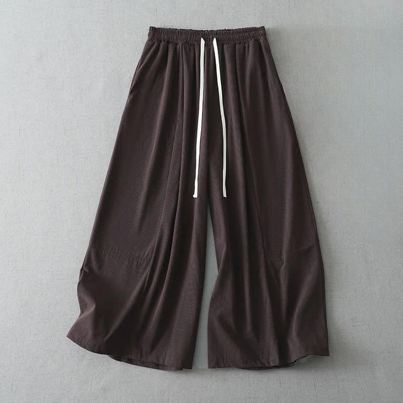 Buddha Stones Pantaloni capri da donna a gamba larga, comodi, con coulisse, tinta unita, per primavera/estate. Pantaloni casual estivi con tasca. - Marrone sella - US6, UK/AU10, EU38 (XL) - image 4