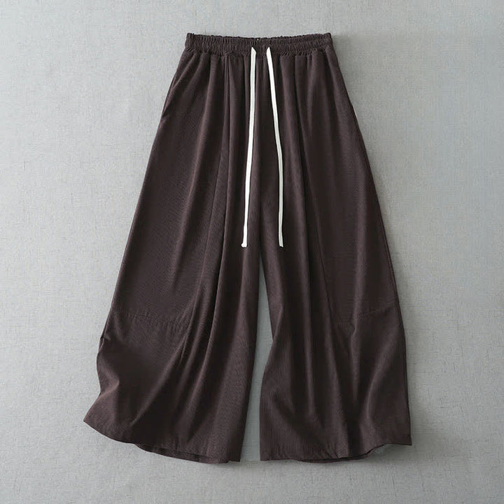 Buddha Stones Pantaloni capri da donna a gamba larga, comodi, con coulisse, tinta unita, per primavera/estate. Pantaloni casual estivi con tasca. - Marrone sella - US6, UK/AU10, EU38 (XL) - image 4