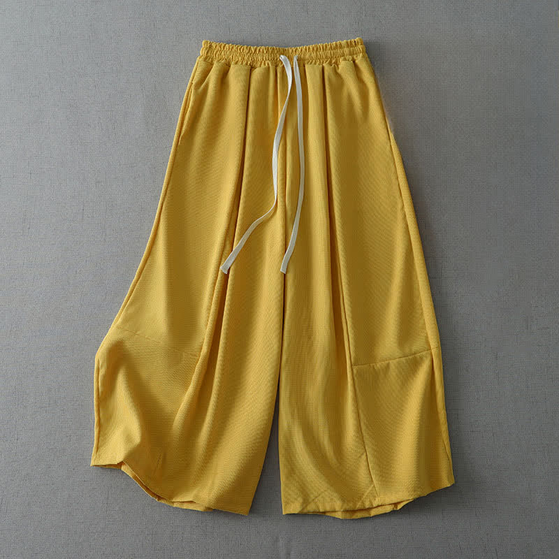 Buddha Stones Pantaloni capri da donna a gamba larga, comodi, con coulisse, tinta unita, per primavera/estate. Pantaloni casual estivi con tasca. - Oro - US6, UK/AU10, EU38 (XL) - image 0