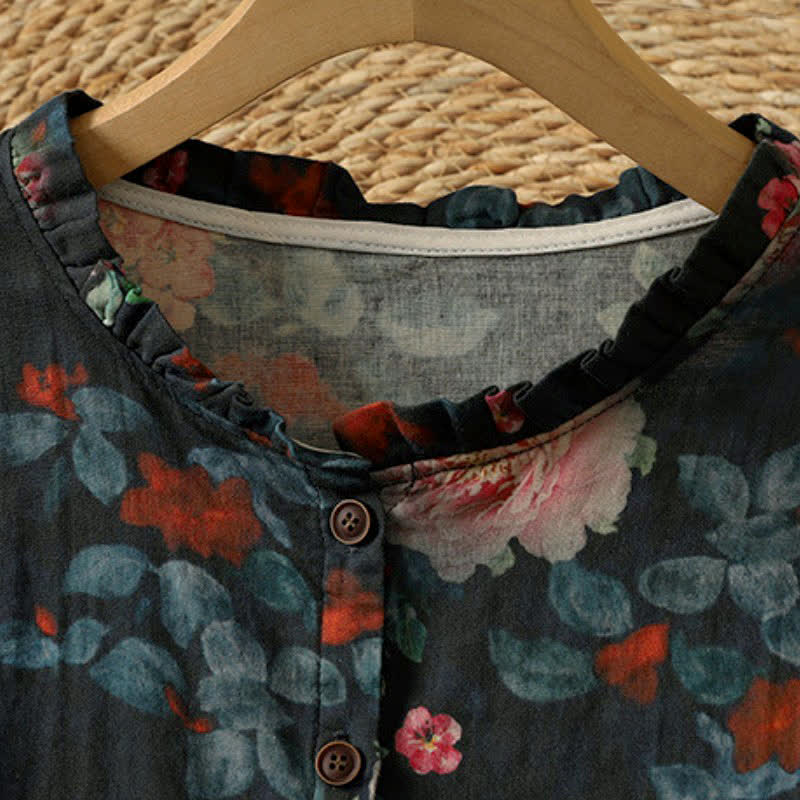 Buddha Stones Camicie da donna a maniche lunghe, eleganti, in stile vintage Tang, con colletto alla coreana e stampa floreale, perfette per l'autunno. - image 1