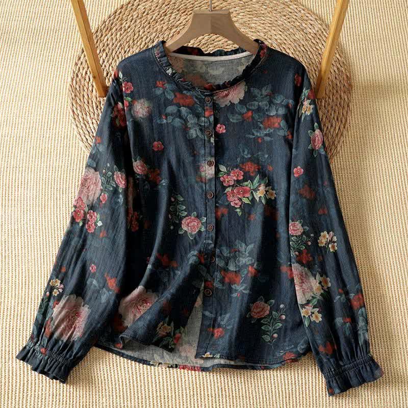 Buddha Stones Camicie da donna a maniche lunghe, eleganti, in stile vintage Tang, con colletto alla coreana e stampa floreale, perfette per l'autunno. - Nero - US4-8/10, UK/AU8-12/14, EU36-40/42 (F) - image 0