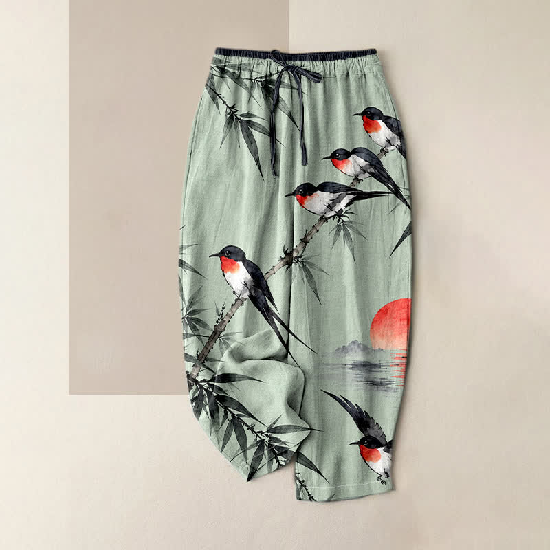 Buddha Stones Pantaloni da donna in puro cotone con elastico in vita e tasche, fantasia orientale con uccelli e bambù. - Acquamarina - US16, UK/AU20, EU48 (3XL) - image 0