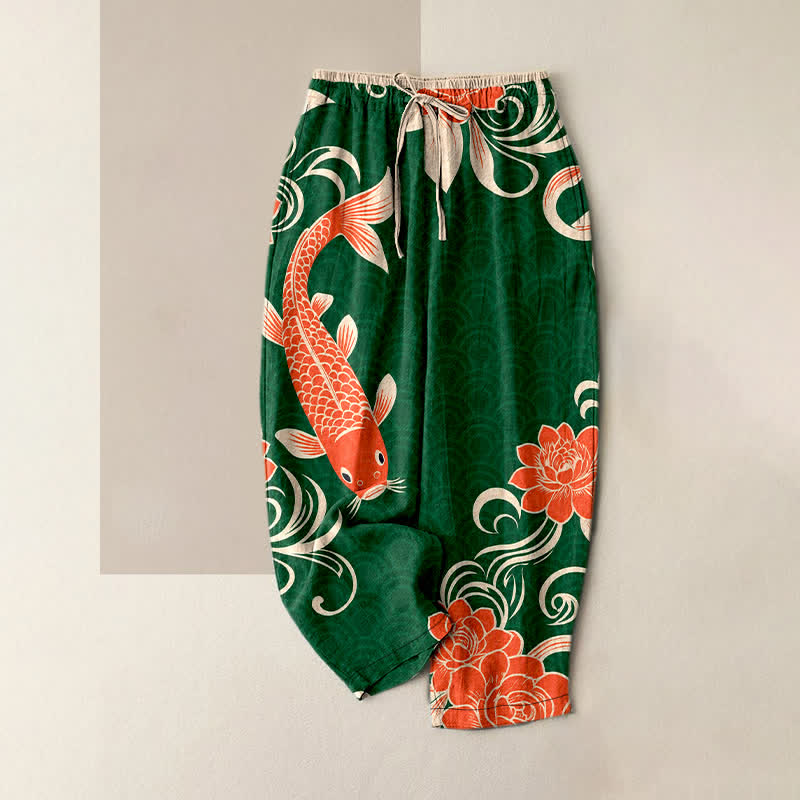 Buddha Stones Pantaloni da donna in puro cotone con elastico in vita e tasche, fantasia artistica a onde koi. - Verde mare - US16, UK/AU20, EU48 (3XL) - image 4