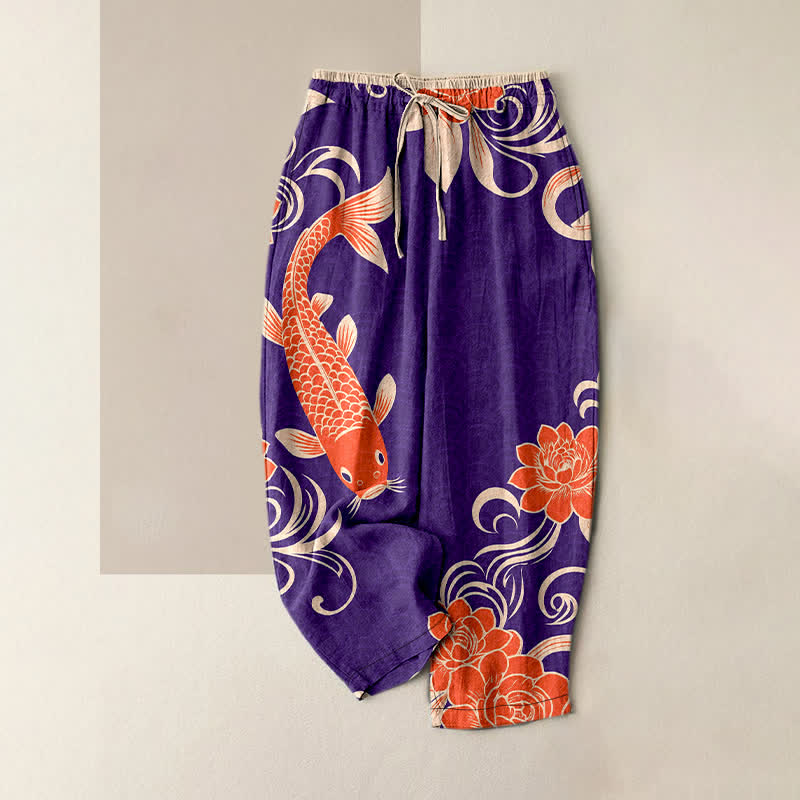 Buddha Stones Pantaloni da donna in puro cotone con elastico in vita e tasche, fantasia artistica a onde koi. - Indaco - US16, UK/AU20, EU48 (3XL) - image 5