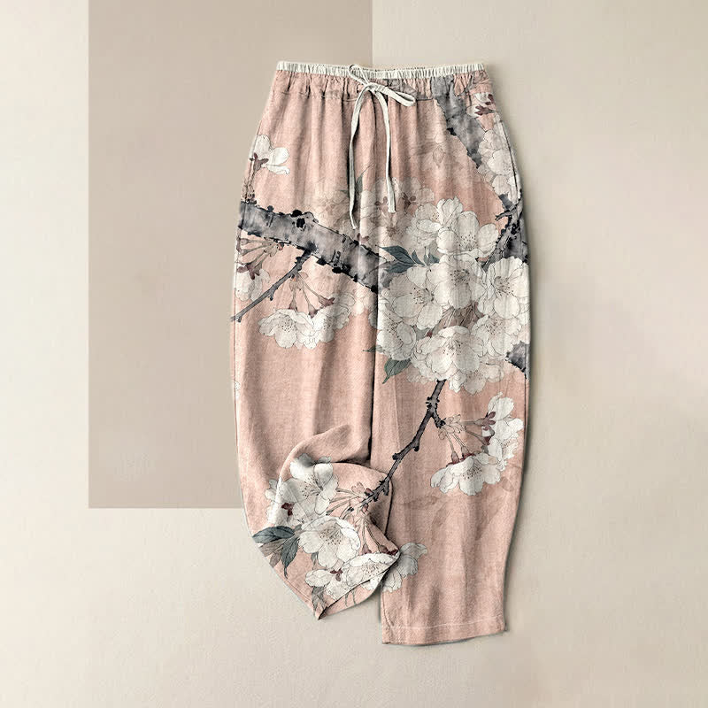 Buddha Stones Pantaloni da donna in puro cotone con elegante motivo floreale a rami e vita elasticizzata, con tasche. - Rosa - US16, UK/AU20, EU48 (3XL) - image 3