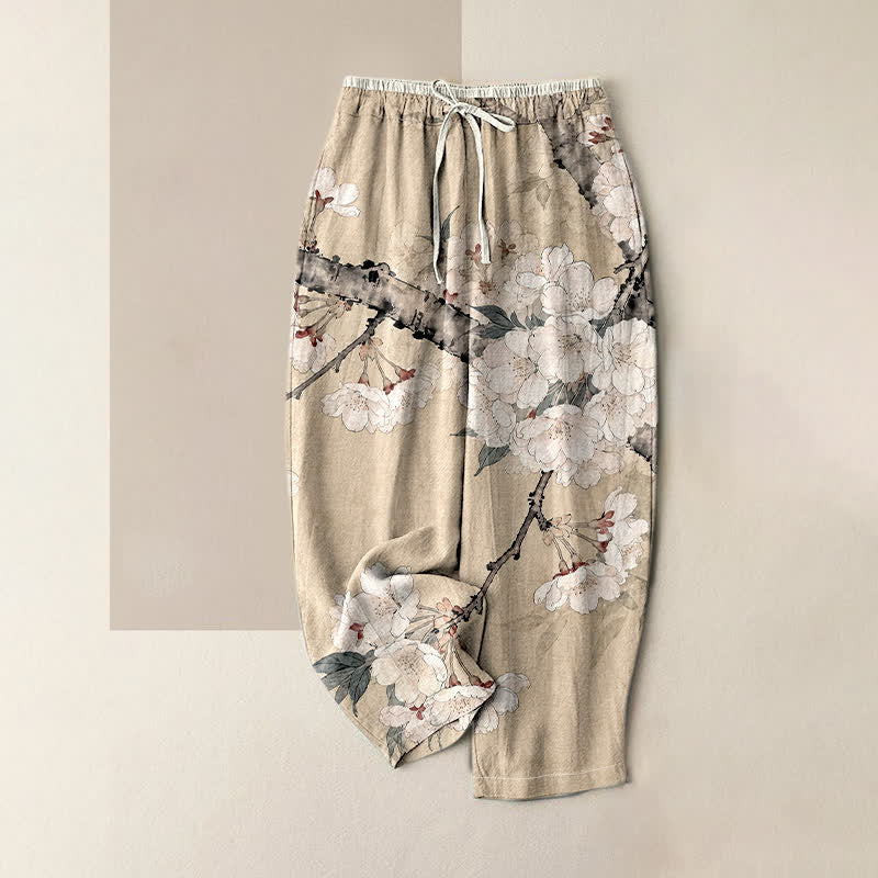 Buddha Stones Pantaloni da donna in puro cotone con elegante motivo floreale a rami e vita elasticizzata, con tasche. - Beige - US16, UK/AU20, EU48 (3XL) - image 4