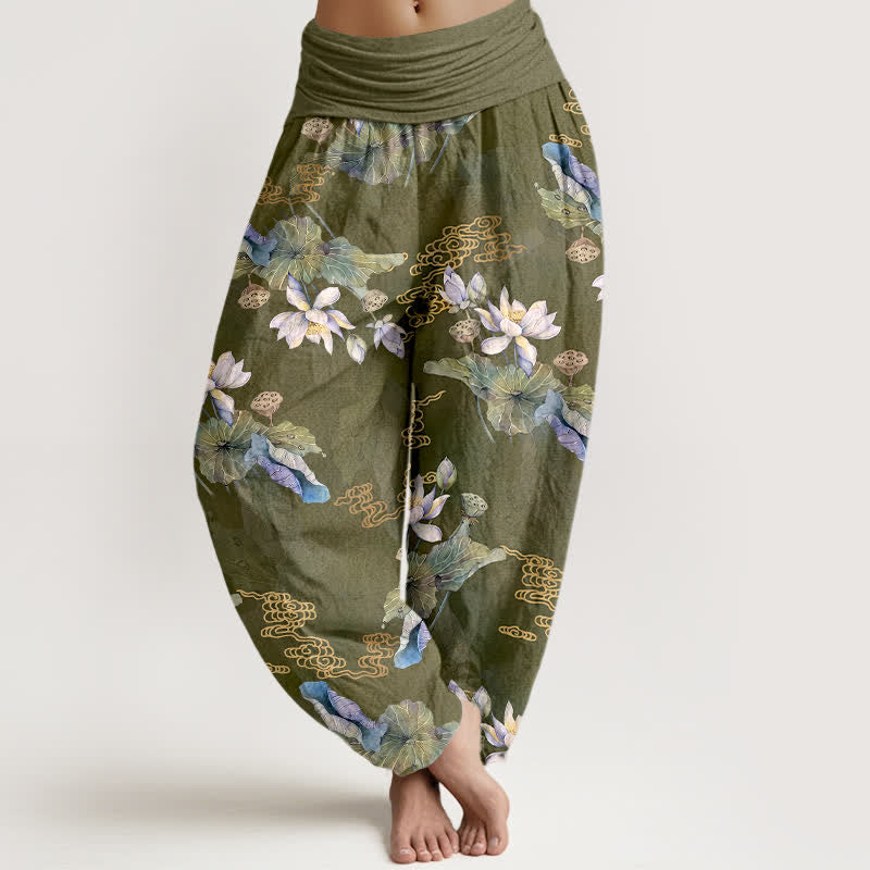 Buddha Stones Pantaloni harem da donna in cotone bianco con motivo a foglie di loto e elastico in vita. - Oliva - US16, UK/AU20, EU48 (3XL) - image 5