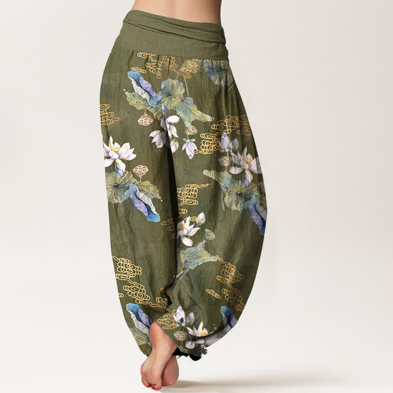 Buddha Stones Pantaloni harem da donna in cotone bianco con motivo a foglie di loto e elastico in vita. - image 7
