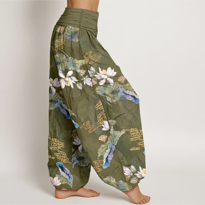 Buddha Stones Pantaloni harem da donna in cotone bianco con motivo a foglie di loto e elastico in vita. - image 6