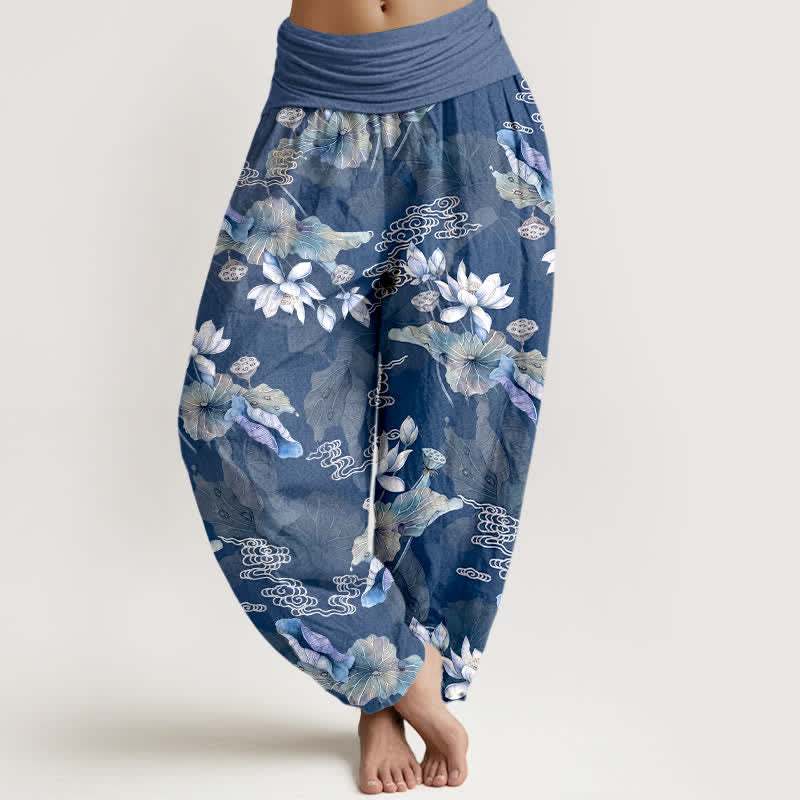 Buddha Stones Pantaloni harem da donna in cotone bianco con motivo a foglie di loto e elastico in vita. - SteelBlue - US16, UK/AU20, EU48 (3XL) - image 8