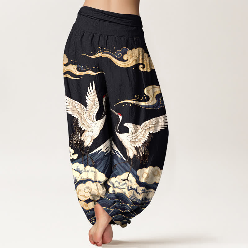 Buddha Stones Pantaloni harem da donna in cotone con motivo gru, montagne e nuvole, con elastico in vita. - image 2